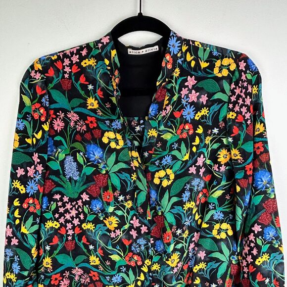 Alice + Olivia Eloise Silk Button Down Blouse Black Multi Color Floral Print  S - Picture 2 of 13